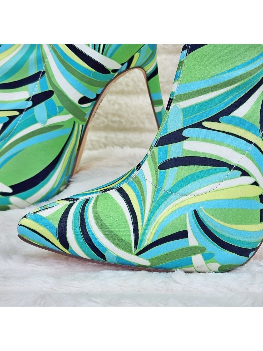 Odin Crazy Wild Color Pattern High Heel Stretch Fabric Ankle Boots - Green Blue - Picture 13 of 15